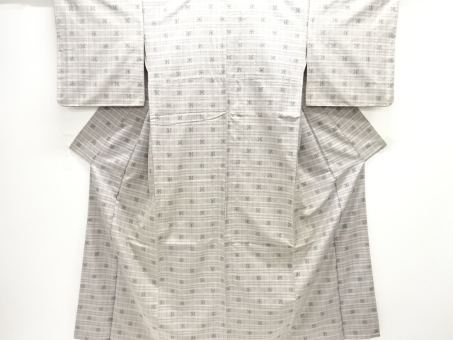 JAPANESE KIMONO / ANTIQUE KIMONO / SILK / TSUMUGI / WOVEN GRID & ABSTRACT PATTERN